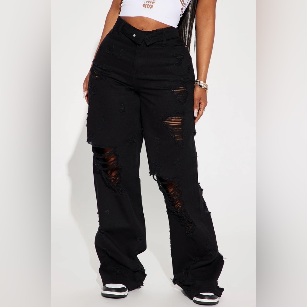 Summer Fling Destroyed Foldover Baggy Jean - Black - Picture 2 of 3